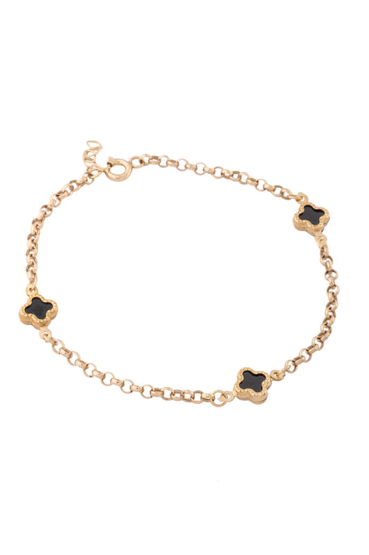 Pulsera de oro sólido en 10 kilates con dijes de flores de cuatro pétalos negro onix y eslabón circular..png