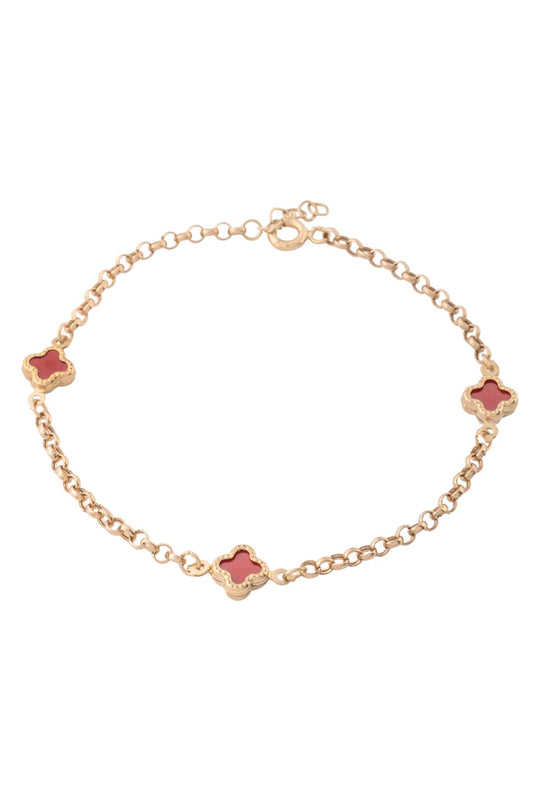 Pulsera de oro sólido en 10 kilates con dijes de flores de cuatro pétalos rojo y eslabón circular..png