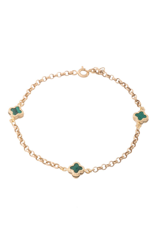 Pulsera de oro sólido en 10 kilates con dijes de flores de cuatro pétalos verde y eslabón circular..png