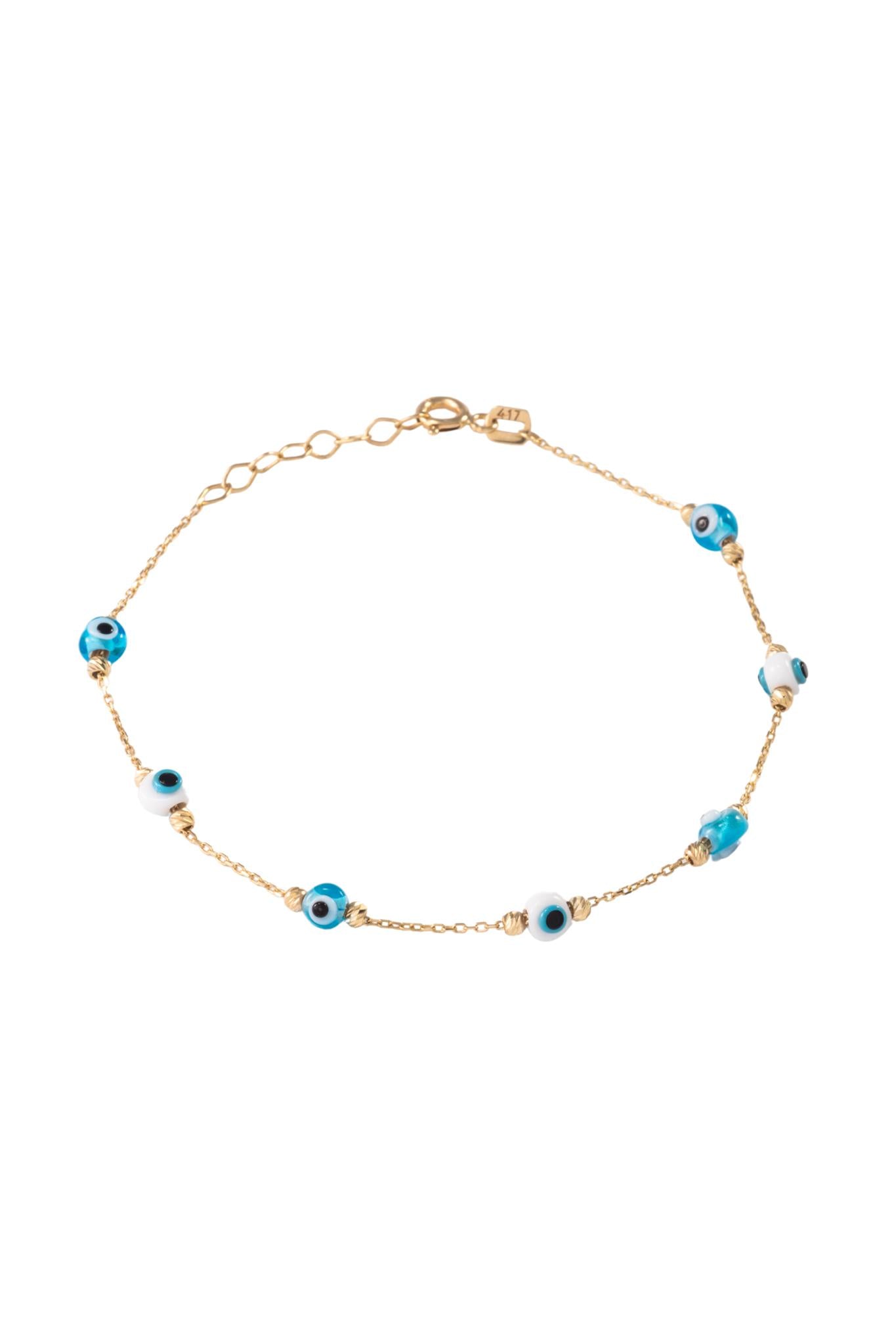 Pulsera de oro sólido en 10 kilates con dijes de ojos saltones en blanco, azul cielo y bolitas diamantadas..png