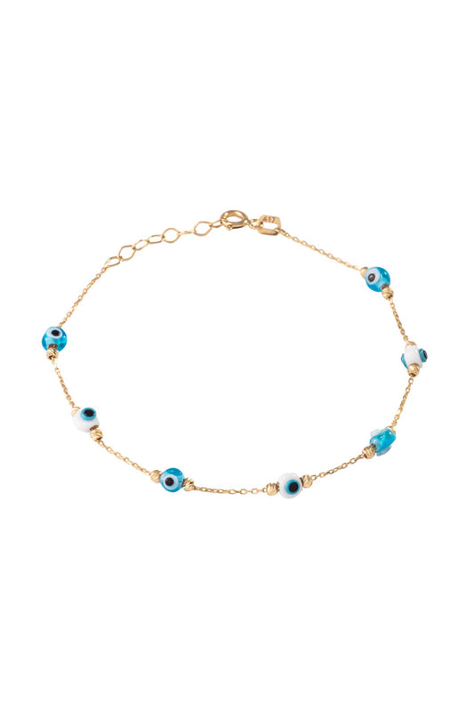 Pulsera de oro sólido en 10 kilates con dijes de ojos saltones en blanco, azul cielo y bolitas diamantadas..png