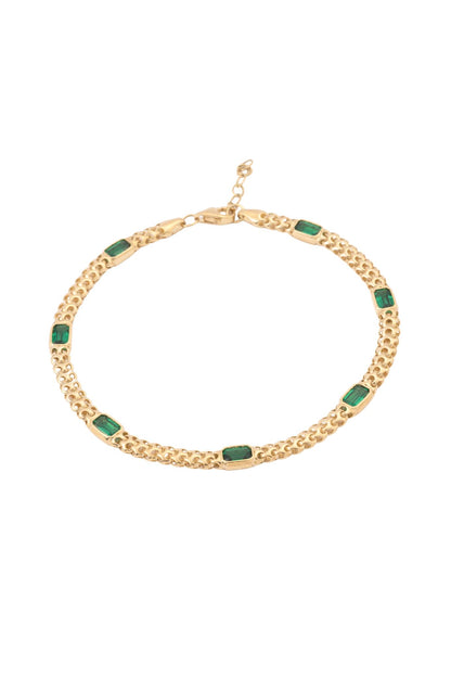 Pulsera de oro sólido en 10 kilates con eslabón de esferas enlazadas y zirconias rectangulares verdes intercaladas..png