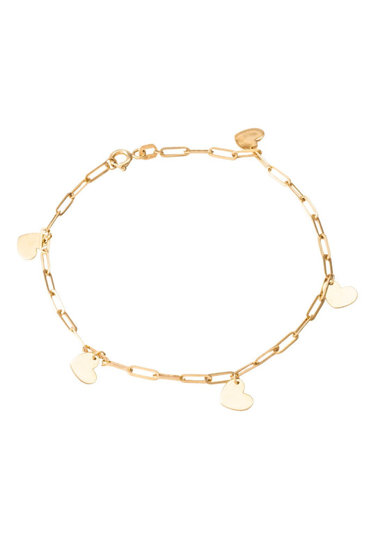 Pulsera de oro sólido en 10 kilates con eslabón rectangular y cinco dijes de corazones placa liso..png