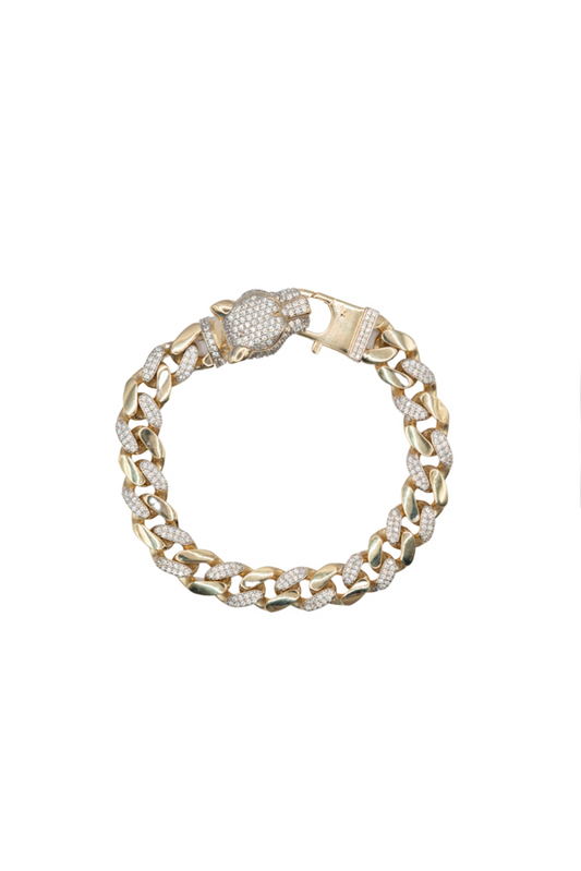 Pulsera de oro sólido en 10 kilates con eslabón uno liso y uno zirconias intercalado y cabeza de pantera tupida de zirconias..png