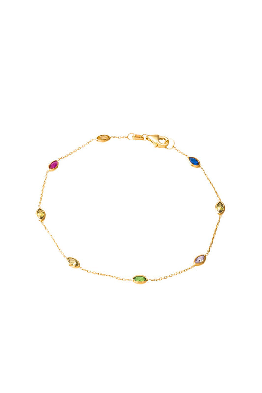 Pulsera de oro sólido en 10 kilates con forma de semilla zirconias de colores y bisel liso..png