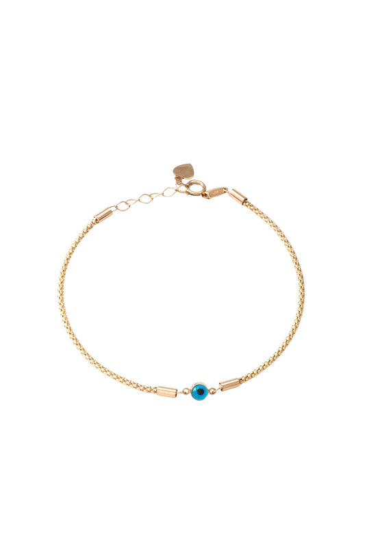 Pulsera de oro sólido en 10 kilates con tejido de víbora y centro ojito azul..png
