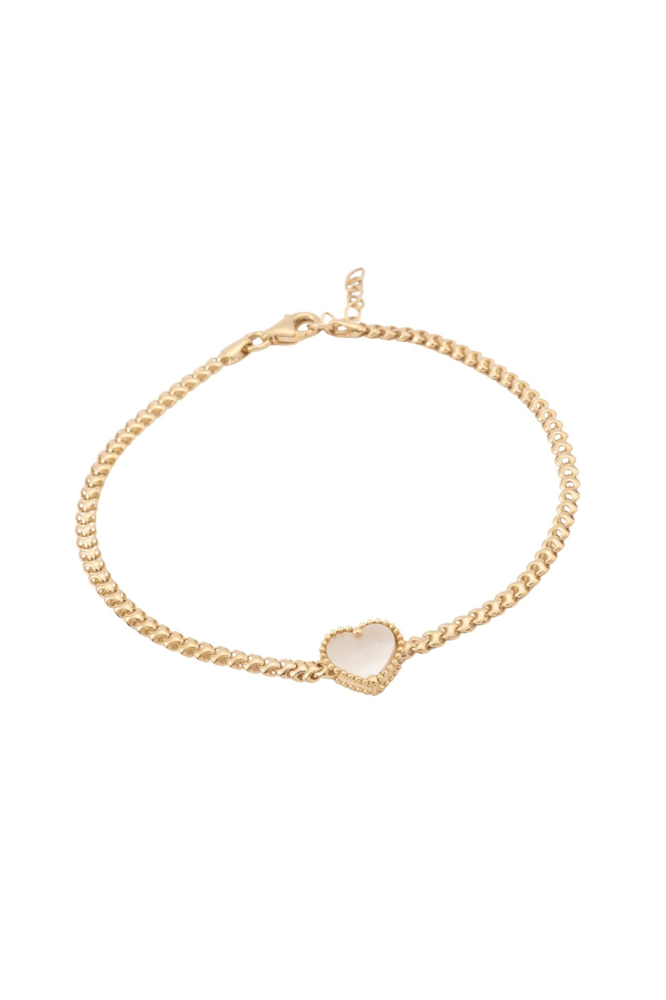 Pulsera de oro sólido en 10 kilates con tejido esferas enlazadas y corazón madre perla al centro..png