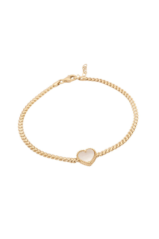 Pulsera de oro sólido en 10 kilates con tejido esferas enlazadas y corazón madre perla al centro..png