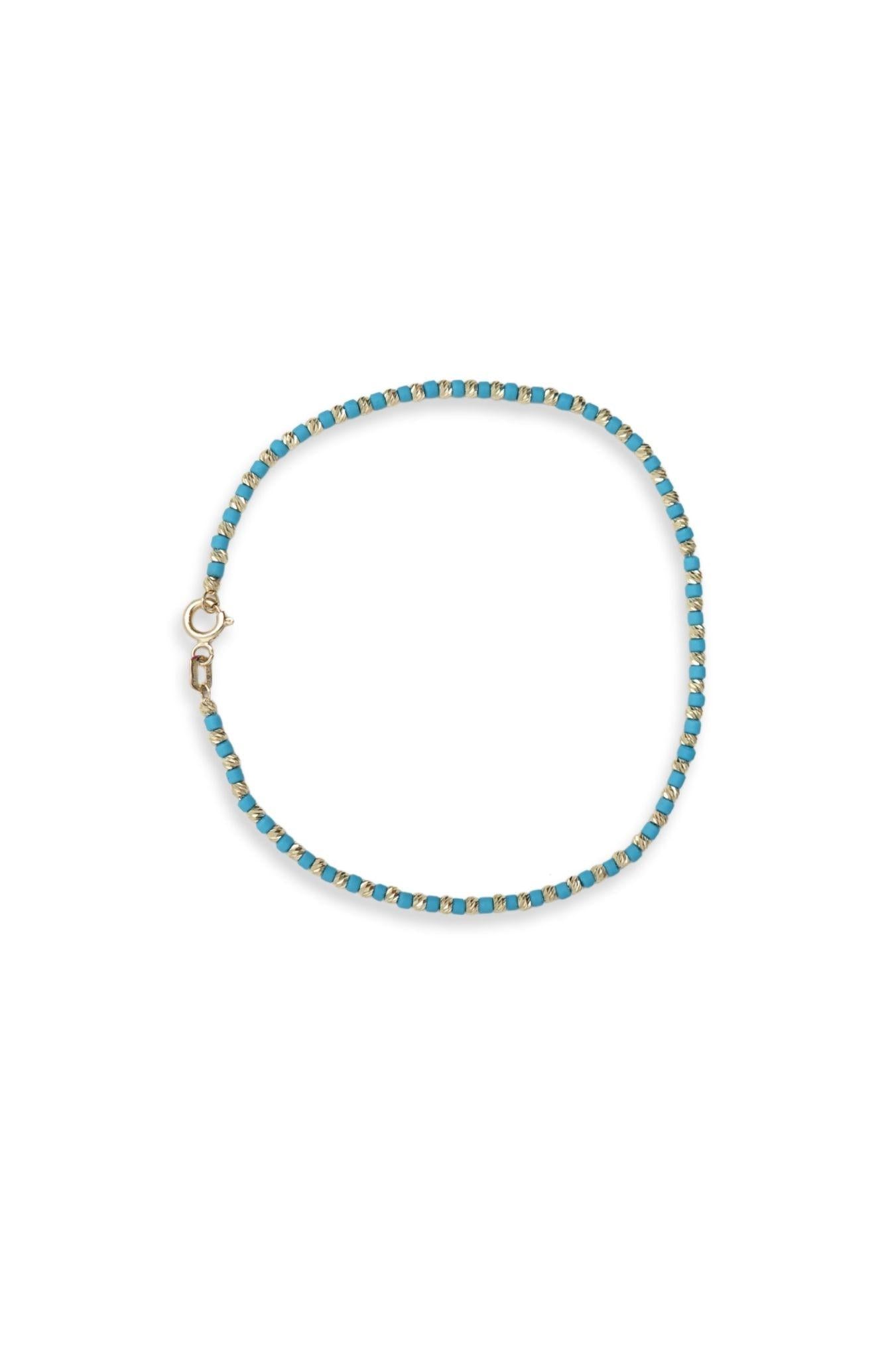 Pulsera de oro sólido en 14 kilates con bolitas diamantadas oro amarillo y bolitas azul turqueza intercaladas.png