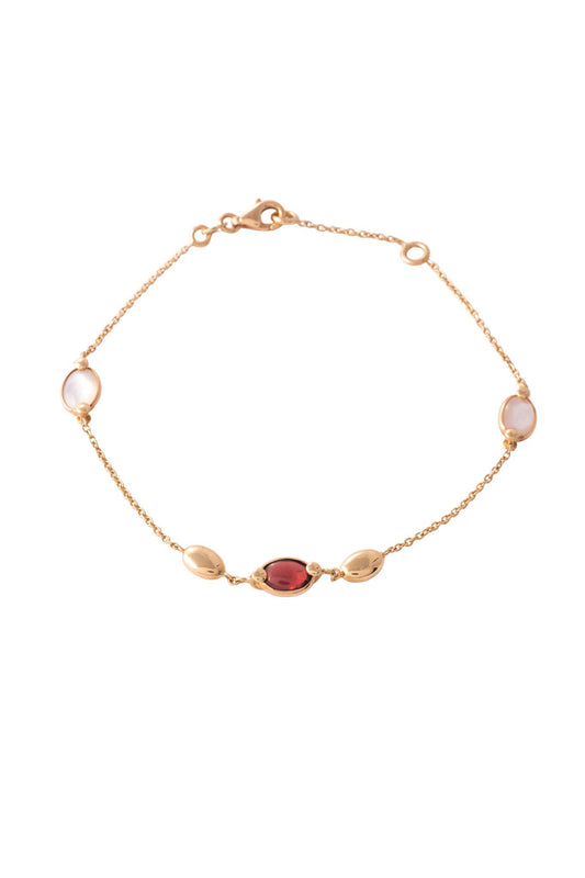 Pulsera de oro sólido en 14 kilates con piedra granate y madre perla biseladas y con bolitas lisas en oro amarillo..png
