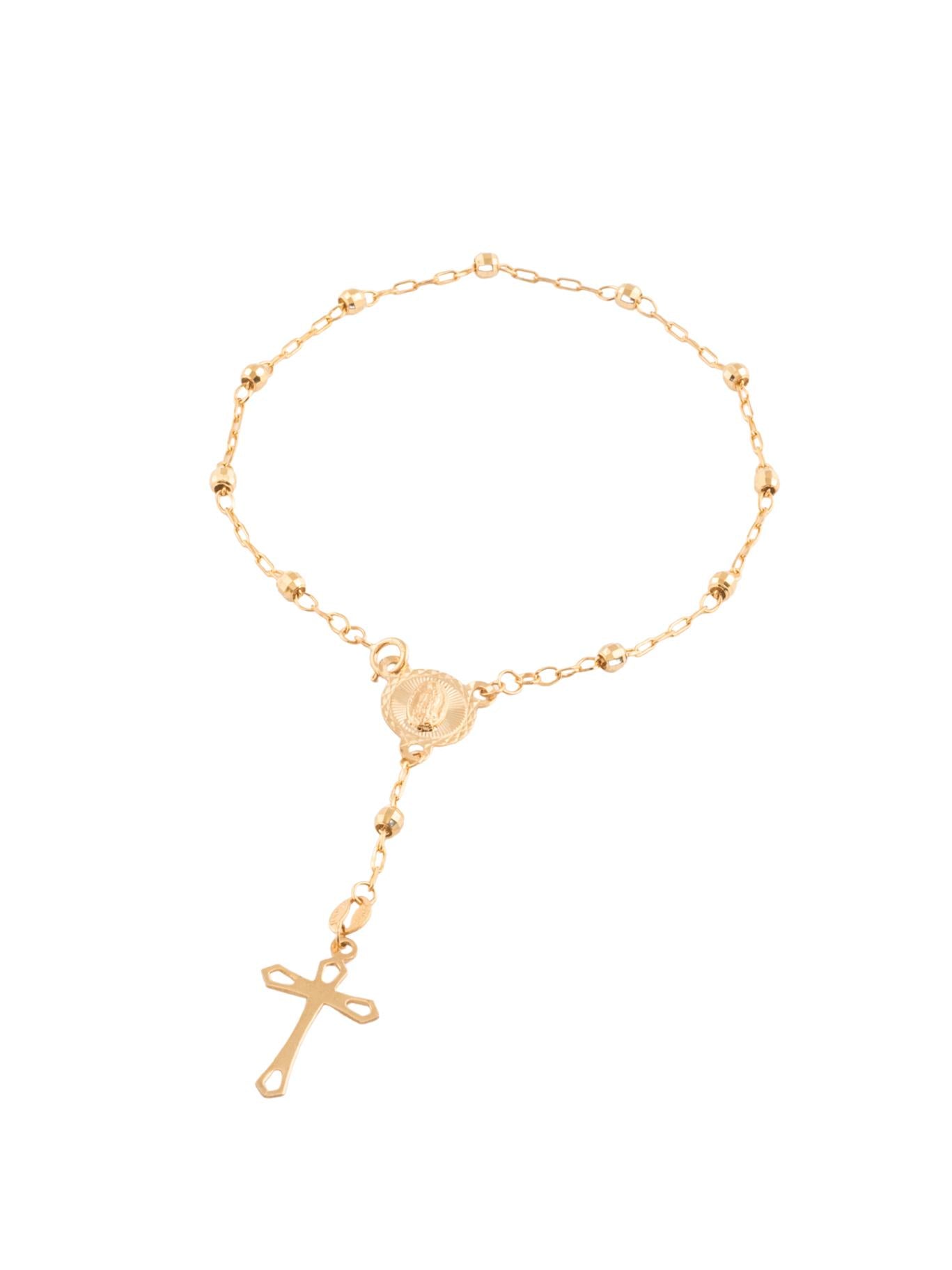 Pulsera decenario 10 kilates bolitas diamantadas, medalla de Virgen de Guadalupe y cruz con orillas huecas.png