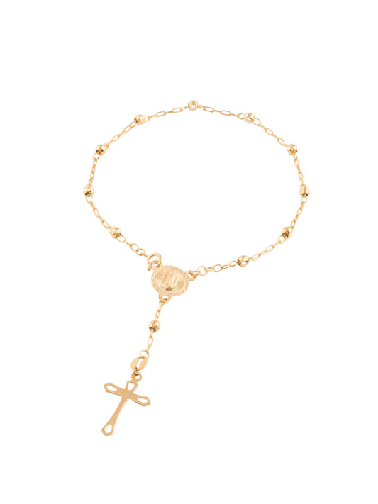 Pulsera decenario 10 kilates bolitas diamantadas, medalla de Virgen de Guadalupe y cruz con orillas huecas.png