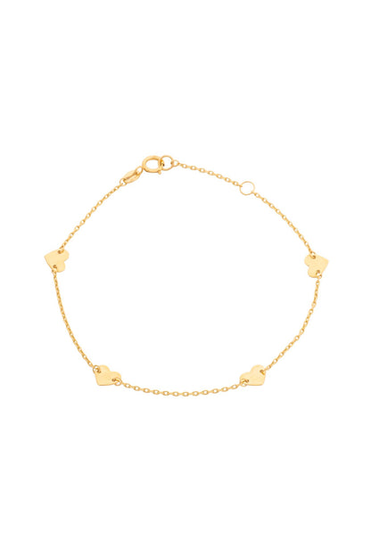 Pulsera en 10 kilates con cuatro corazones en placa lisa.png