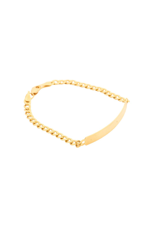 Pulsera esclava 10K con placa central lisa y tejido barbado delgado..png