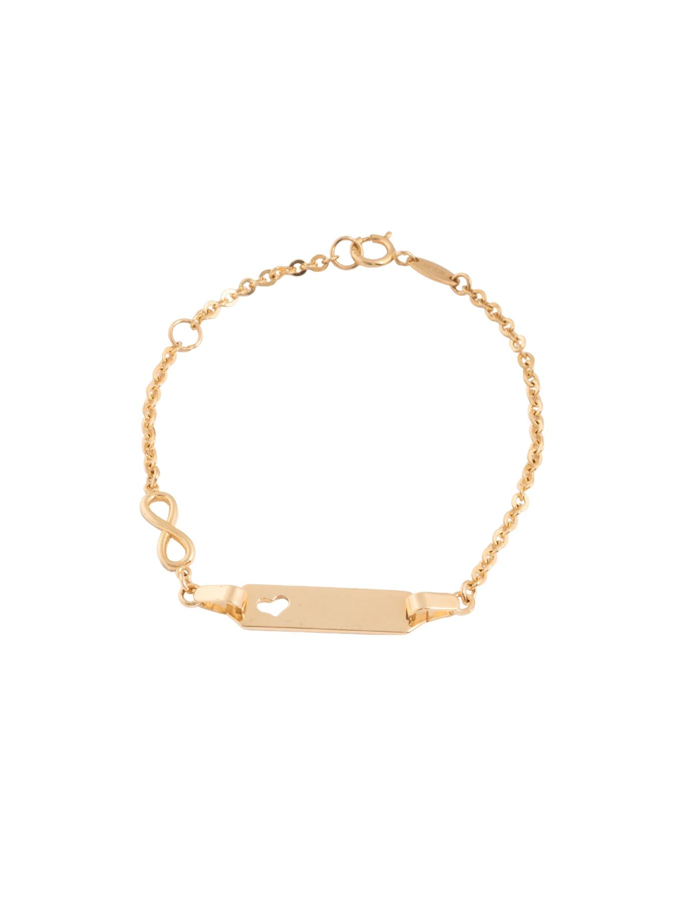 Pulsera esclava 10 kilates placa lisa y corazón hueco y dije de infinito delgado.png
