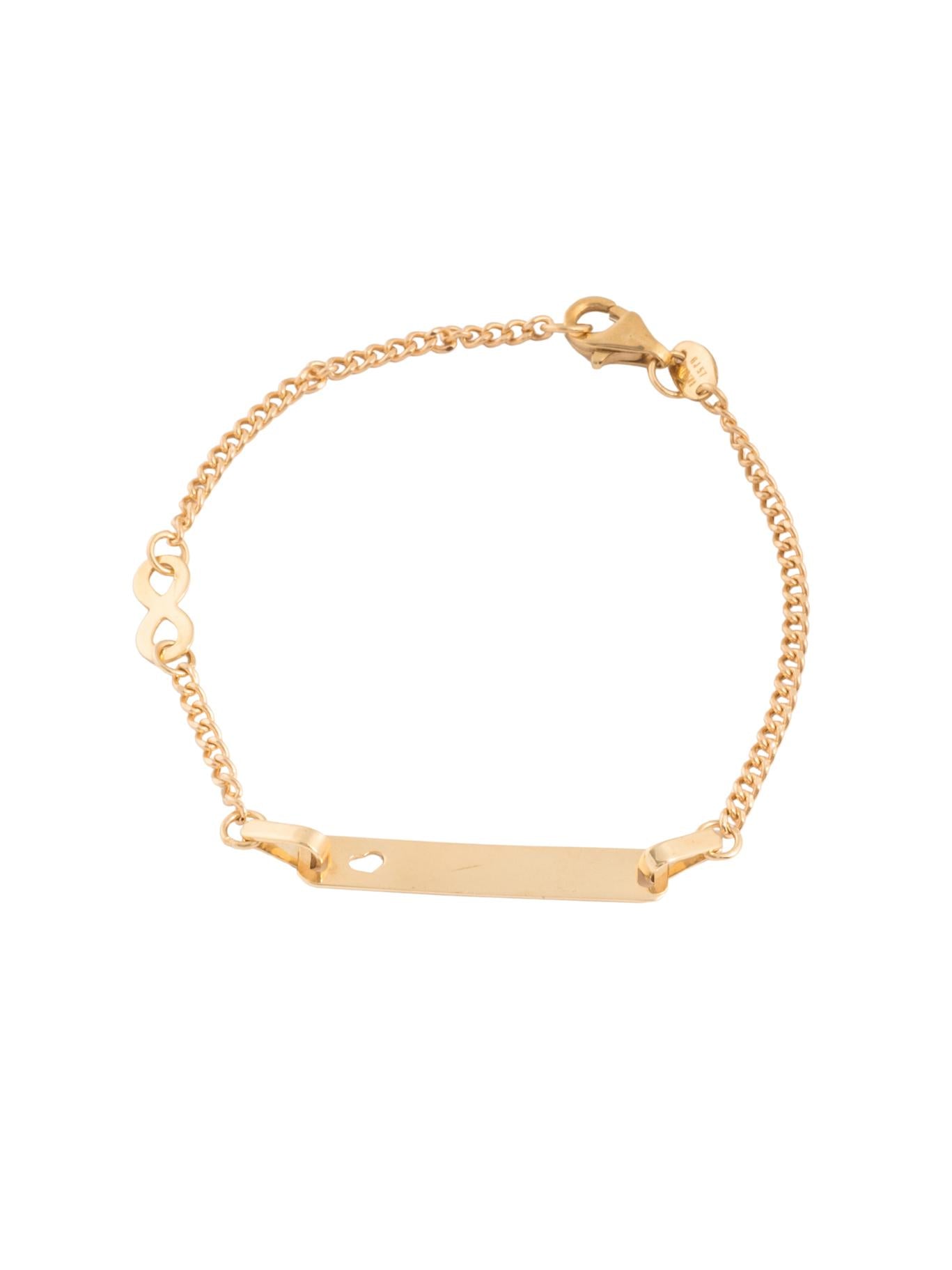 Pulsera esclava 10 kilates placa lisa y corazón hueco y dije de infinito en placa ancha.png