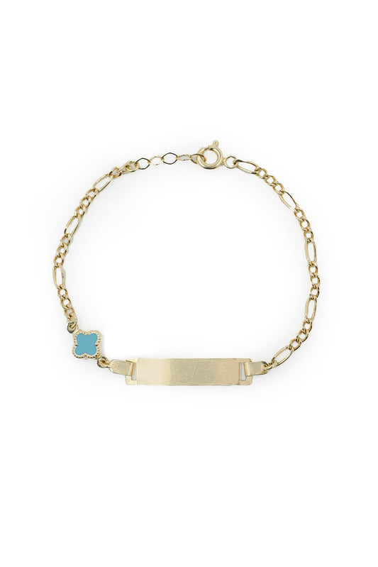 Pulsera esclava 14 kilates con flor de cuatro pétalos azul cielo, eslabones aros circulares y placa lisa al centro..png