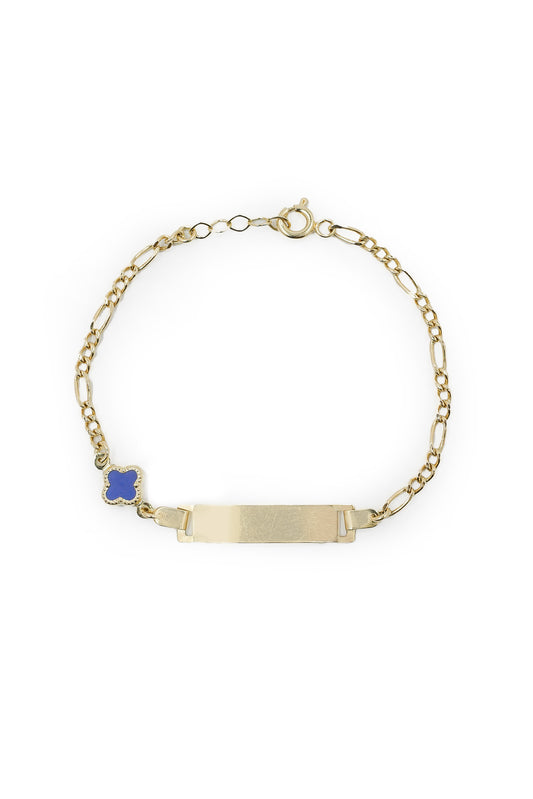 Pulsera esclava 14 kilates flor de cuatro pétalos azul rey, eslabones cartier delgado y placa lisa..png