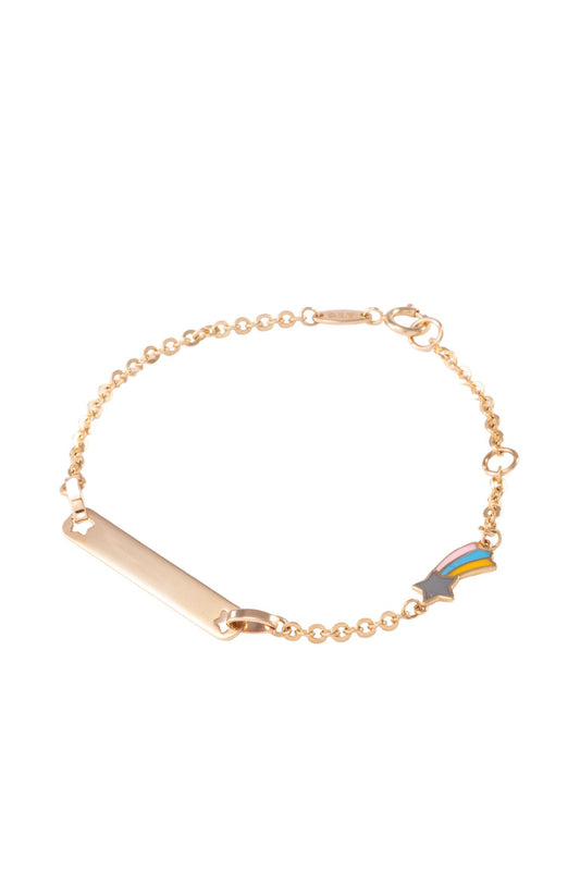 Pulsera esclava de oro sólido en 10 kilates con tejido eslabón básico y cometa esmaltada y placa lisa al centro..png